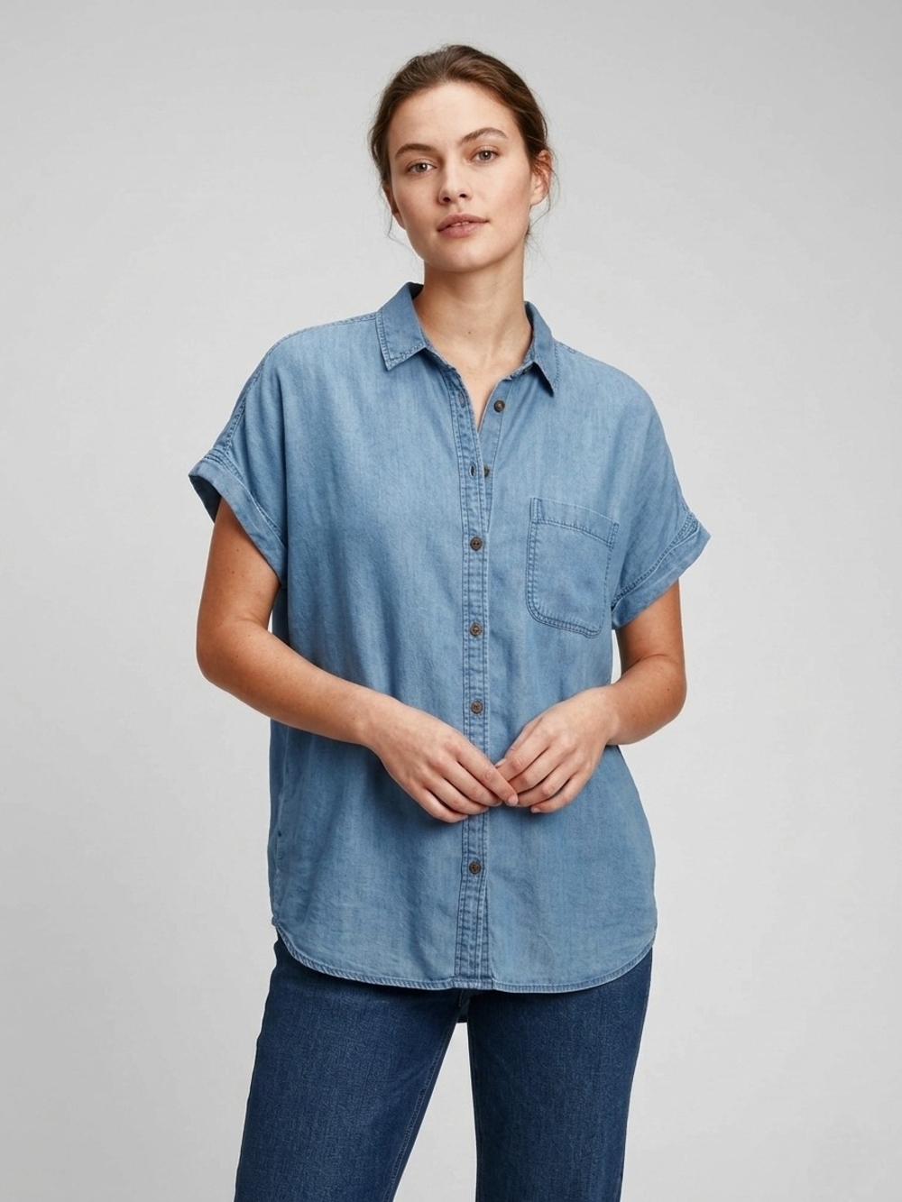 American Eagle Blue Chambray Short Sleeve Button Down Top XL Boho Coastal Shirt